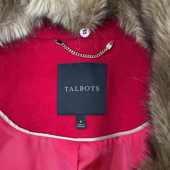 Talbots Wool Blend Belted Long Coat Removable Fur Collar Red Size 6 - Picture 10 of 10